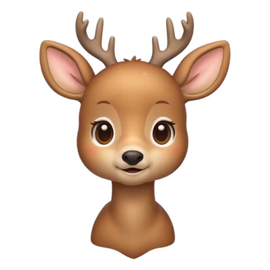 A cute deer emoji, small and simple, with big round eyes, a gentle smile, short antlers, soft beige fur with slightly lighter spots on its back, rounded cartoon-like proportions, minimal shading, vector-style, sticker
