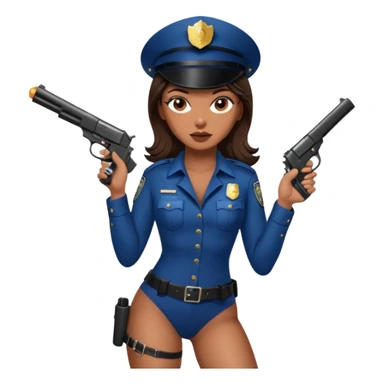 A sexy girl. with caramel skin. Dark brown hair and brown eyes. She has freckles. Wearing sexy makeup. Dressed as a sexy cop. wearing lingerie. Wearing heels. Holding a gun sticker
