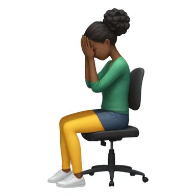 full body girl sitting at her desk with her hands on her head, she is visibly stressed with a computer in front of her. she is faceless sticker