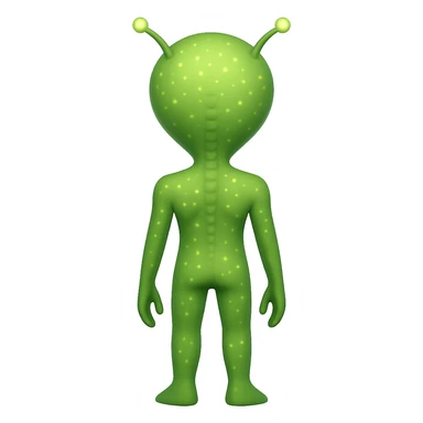 Add more details to this rear view alien in emoji style: visible antennae, subtle back ridges, small glowing spots, and a hint of feet, no background. sticker