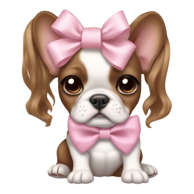 pale girl with medium brown wavy hair with bright hazel eyes and wearing a light pink hair bow holding a brown and white french bulldog puppy also wearing a hair bow sticker