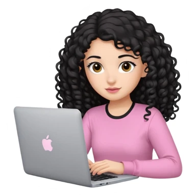 a girl typing mac book with long black curly hair and brown eyes with black eyeliner, pink shirt, social media manager sticker