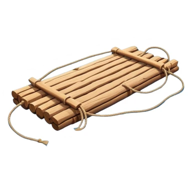 showing a simple wooden raft floating on calm blue water — made of several brown logs tied together with rope — gentle ripples around it — bright, cheerful lighting and soft shadows — minimalist, clean emoji design sticker