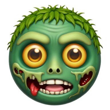 emoji de zumbi realista estilo 3D, pele verde podre, cicatrizes, olhos brilhando, expressão assustadora, fundo transparente sticker