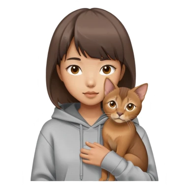 a asian girl with short brown hair and bangs holding an Abyssinian cat， wearing grey hoodie sticker