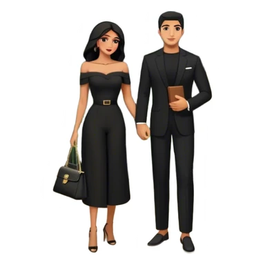 the Lebanese man dressed in all black, and the Palestinian woman in an elegant off-shoulder cream-colored outfit with a matching handbag. The background features a textured stone wall, an iron window, and lush greenery, adding a timeless, vintage charm to the scene. Arabic couple  sticker