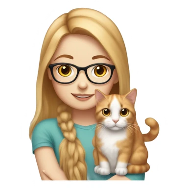 White skin strawberry-blonde haired girl with glasses holding long-haired calico cat sticker