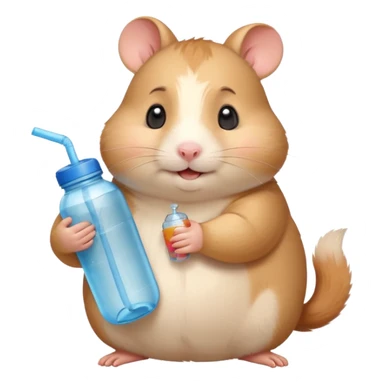 Cute chubby cartoon-style hamster hugging an oversized water bottle, sipping with tiny straw, happy expression. Painterly shading, expressive eyes, white background, sticker-style illustration sticker