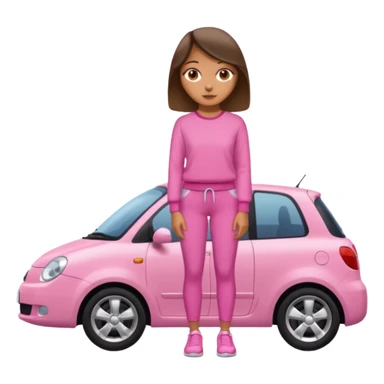Create me a emoji girl with brown eyes in a pink outfit leaning on a car full body sticker