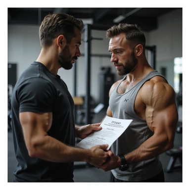 Bodybuilding coach explaining the protocol to an athlete, holding a sheet with readable text: 'Ciclo base: testosterone enantato 250 mg/settimana, 8 settimane, tamoxifene 10 mg/die.' Gym environment, professional atmosphere, hyperrealistic 4K details. sticker