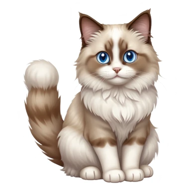 cinematic-[brown and white ragdoll cat]-realistic-full-body-sitting-emoji,-tail-curled-playfully-around-its-paws,-head-tilted-dramatically,-fluffy-[brown and white]-fur,-simplified-yet-realistic-focused-features,-highly-detailed,-glowing-with-an-almost-sarcastic-glow, with blue eyes sticker