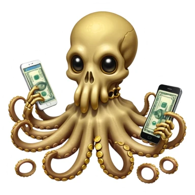 Intimidating octopus skeleton. Evil looking eyes, wearing a gold necklace. 3 tentacles are holding their own cellphone with one held to the side of its face as if its on a phone call, 2 other tentacles are holding stacks of money sticker