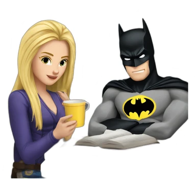 The blonde girl and the strong batman are studying with coffee sticker