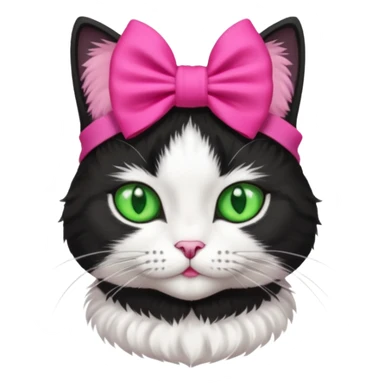 A black and white cat with green eyes she has a hot pink bow on her head  sticker