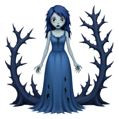 Gloomy ghostly fair lady with long ragged torn tattered dress, thorns across arms and legs, depressed face, ghoul-like gloomy dark greyish dull-colored deep-blue dark-black swampy monsterous lady woman (full body) sticker