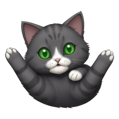 solid dark grey cat with green eyes, completely solid grey face, white toes/paws playing rolling upside down sticker