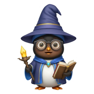 cute penguin wizard holding an open spellbook, wearing glasses and a wizard hat, emoji style sticker