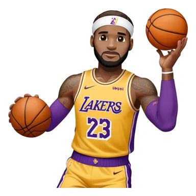 Basketball player LeBron James with headband, Lakers jersey #23, dunking sticker
