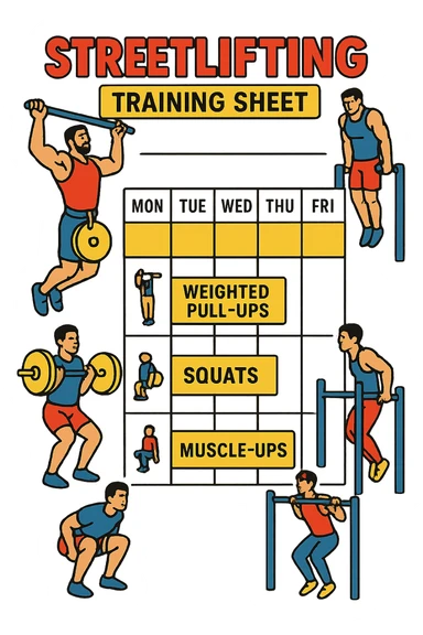 a streetlifting training sheet with icons for each exercise—weighted pull-ups, weighted dips, squats, muscle-ups—organized in a weekly schedule. Around the sheet, small illustrations show athletes performing each movement with proper form. The color palette is bold and energetic, and the background is clean and minimal. sticker