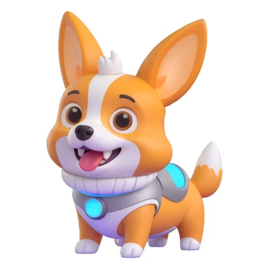 cute dog robot with pointy corgi-like ears, soft rounded body, glowy eyes and joints, friendly futuristic vibe, playful, slightly cartoonish, colorful with glowy accents, highly expressive face and posture, reaction happy sticker