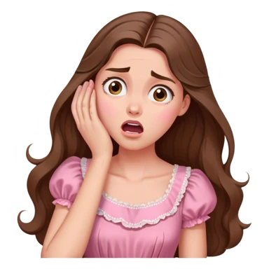 girl with long brown hair dramatically gasping, hand to forehead, vintage pink dress sticker