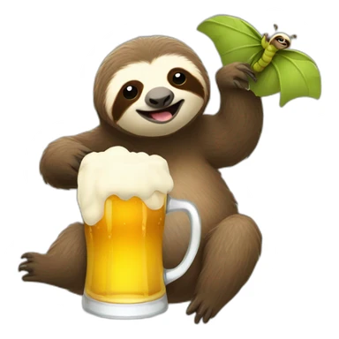 Sloth drinking beer and riding a flying caterpillar sticker