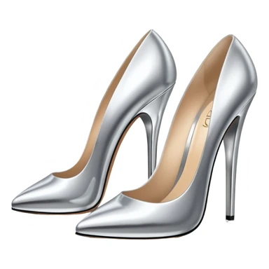 A pair of high heel shoes emoji made of polished silver chrome, elegant sharp silhouette, smooth metallic surface, glossy reflections, luxury sexy vibe, minimalistic iOS emoji style, centered, clean white background sticker
