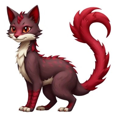 Kawaii dark-brown and crimson-red beautiful pretty elegant divine edgy fantasy feline-vernid-sergal-fursona animal creature with a tufted tail full body with intricate markings  sticker