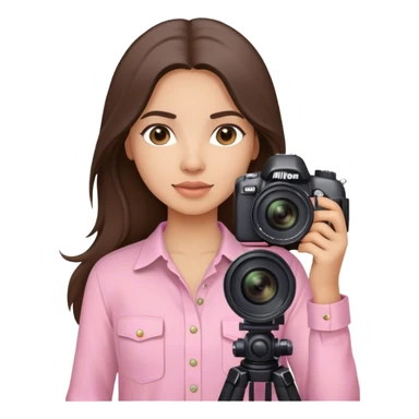 latin girl photographer with long brunette hair light pink shirt and nikon camera sticker