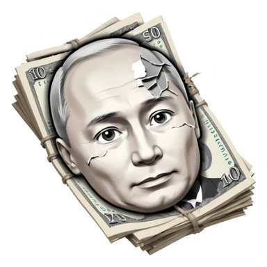 single stack of russian ruble notes with Vladmir Putin's picture on them blown into pieces because of explosion sticker