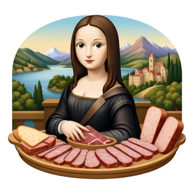  mona lisa with SPAM MEAT charcuterie tray renaissance landscape sticker