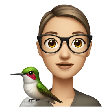 Girl pale , brunette, with short hair, wearing glasses with a hummingbird next to her sticker