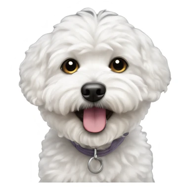 White Maltipoo dog that is smiling and you can see one snaggle tooth on the bottom part of the mouth hanging out  sticker