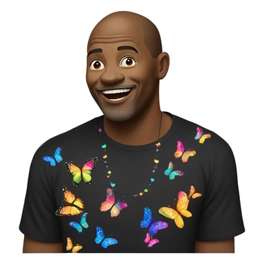 Man wearing a black shirt with colorful butterflies attached to te left sleeve and shoulder. The man in singing with a microphone sticker