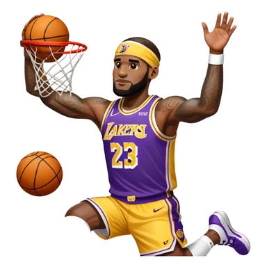 Basketball player LeBron James with headband, Lakers jersey #23, dunking sticker