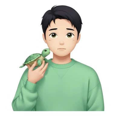 Gorgeous pastel green sweater black hair anime style shojo guy with blushing face and, turtle, aesthetic, young adult, trending style outside  sticker