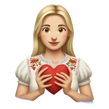 A Ukrainian woman in an embroidered shirt holds a heart in her hands sticker