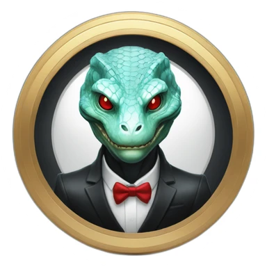 Aquamarine reptilian in classic black suite with red laser eyes on the middle of platinum coin sticker