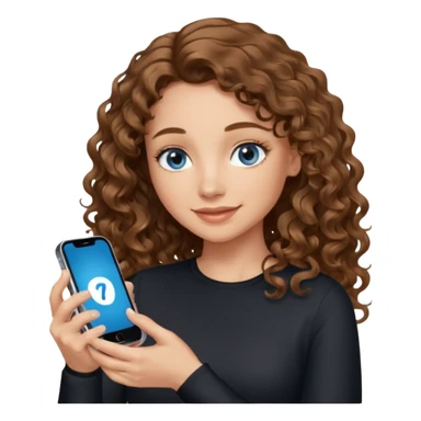 generate a pretty woman with blue eyes, light skin and medium brown long wavy almost curly shiny hair holding a phone she is looking at the phone while looking down at the screen. she is wearing an ALL black long sleeve. she is smiling sticker