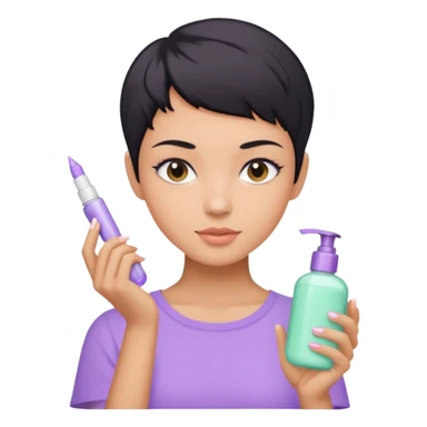 tan girl with pastel purple shirt with black hair & a pixie, doing her skin care sticker
