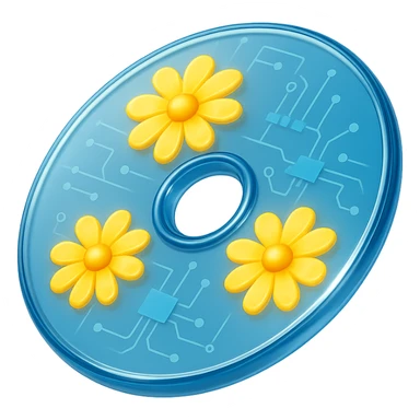 A minimalist CD disc with glowing floral pattern, yellow flowers sticker