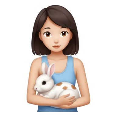 A young Asian woman with dark brown, almost Asian girl with dark brown hair, brown eyes, light Asian skin, add soft makeup and dress in tank top and hugging a one white rabbit with light brown spots, soft and warm atmosphere.
  sticker