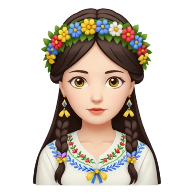 Ukrainian woman in a white embroidered shirt with dark hair in a wreath of flowers with multicoloured ribbons on her head sticker