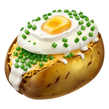 Loaded baked potato with sour cream, cheese, butter, green onions, and steam coming out of it  sticker