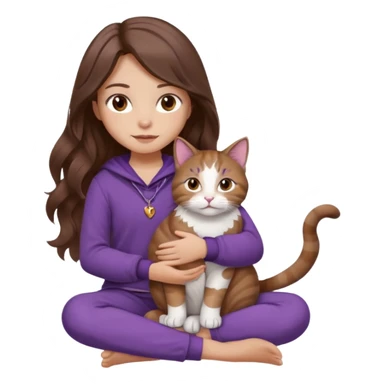 a girl with long wavy brown hair and soft brown eyes, wearing cozy purple clothes, sitting cross-legged, gently holding a tricolor cat (brown, white, and grey) in her lap, calm warm expression, iOS emoji style, soft lighting, gentle color palette sticker