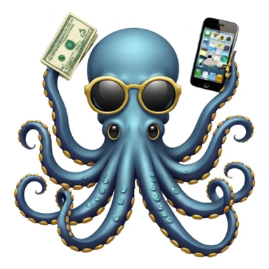 Intimidating octopus with pearl white skin, black suction cups. Wearing black mirrored sunglasses and a gold chain. 3 tentacles are holding their own cellphone with one held to the side of its face as if its on a phone call, 2 other tentacles are holding stacks of money sticker