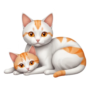 full body of a grey and white cat cuddling a very small + skinny ginger and white kitten with deep orange eyes and triangular shaped face lying down sticker