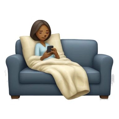 Wife laying on couch under a blanket on her phone. She is white. Have the husband behind the couch sneezy sticker
