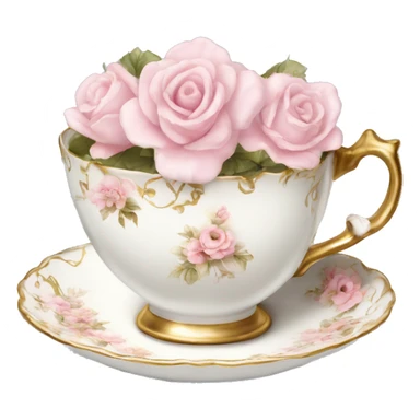 White teacup with baby pink floral antique print with gold accents  sticker