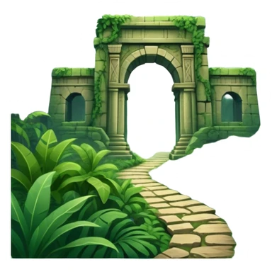 Icon for Adventure Movie: A vintage movie poster-style design with a jungle clearing path, dense foliage surrounding it. In the distance, ancient ruins peek through the trees. The atmosphere is mysterious and adventurous, with soft light cutting through the trees. Transparent background. sticker
